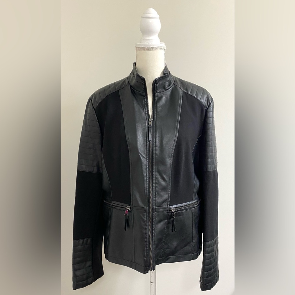 Gallery Womens XL Solid Black Faux-Leather Zip-Front Jacket Coat Streetwear